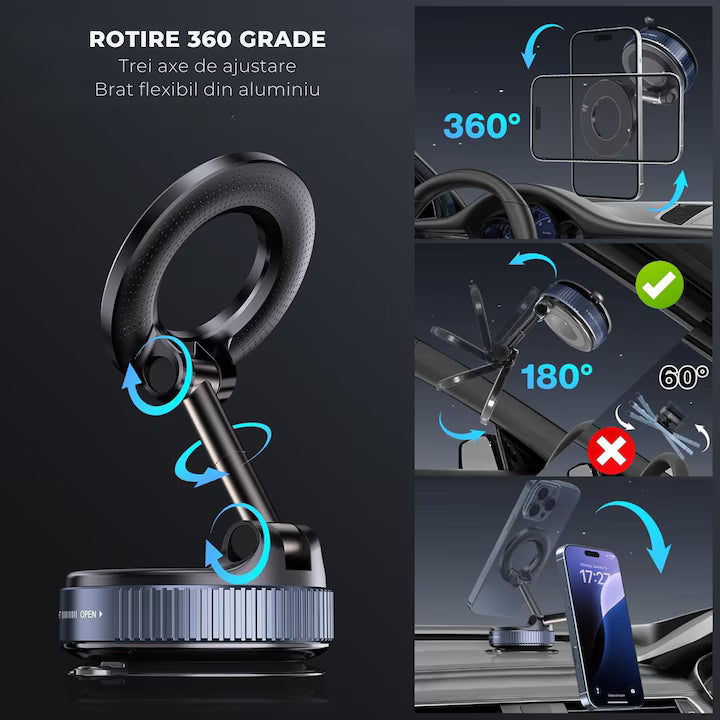 "Suport Magnetic Auto Rotativ 360° - Fixare Sigură și Ajustare Ușoară pentru Smartphone-uri"
